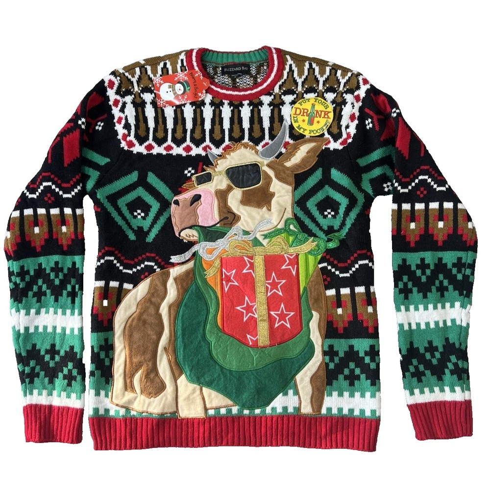 NEW Blizzard Bay BULL Cowboy Farm Drink Holder‎ Ugly Funny Christmas Sweater Med